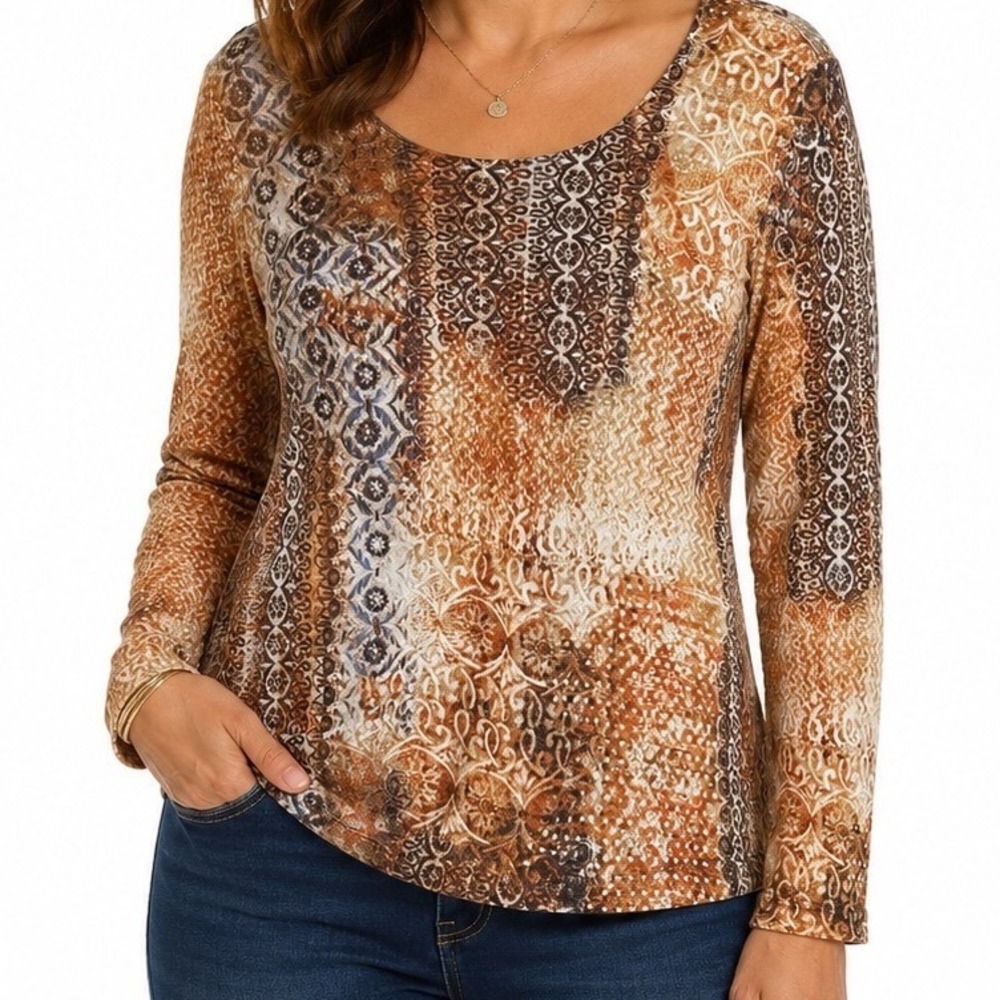Chicos Size 2 Large Long Sleeve Mesh Top Brown Medallion Print Scoop Neck